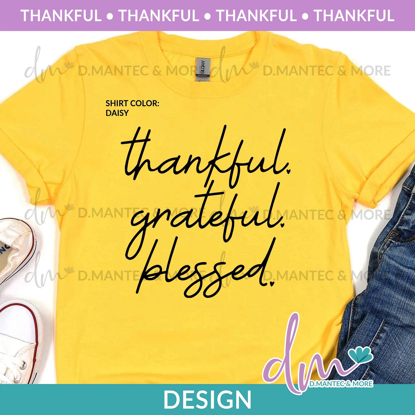 T - Thankful Grateful Blessed Cursive - Black | Design