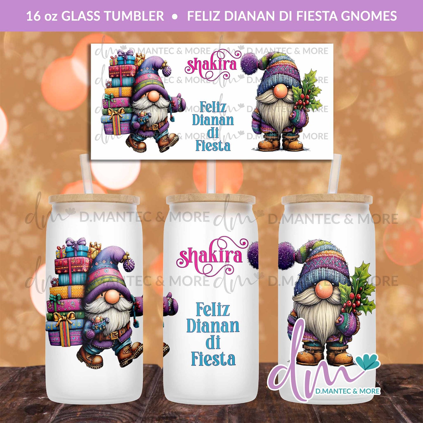 T16 - Feliz Dianan di Fiesta Gnomes | Glass Can Tumbler